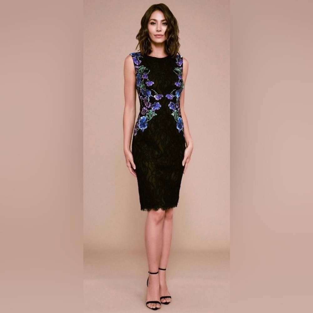 Tadashi Shoji Size 12 Samar Embroidered Lace Dress Black With Purple Flowers